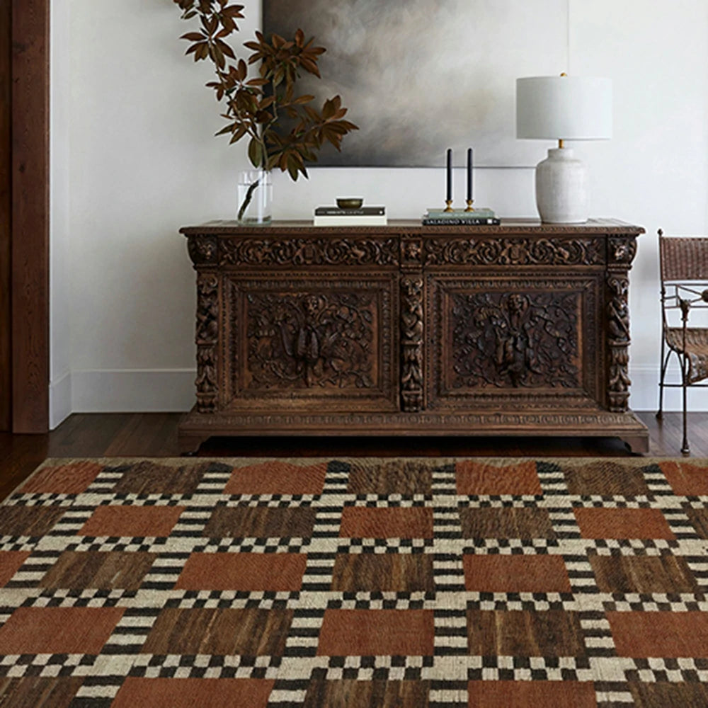 LIVARA 160/200cm Gabbeh Checker-Pattern Loop-Pile Rug - Non-Slip Eco Cotton-Latex Backing - Waterproof, Stain-Resistant, Soft & Durable - Terracotta Brown
