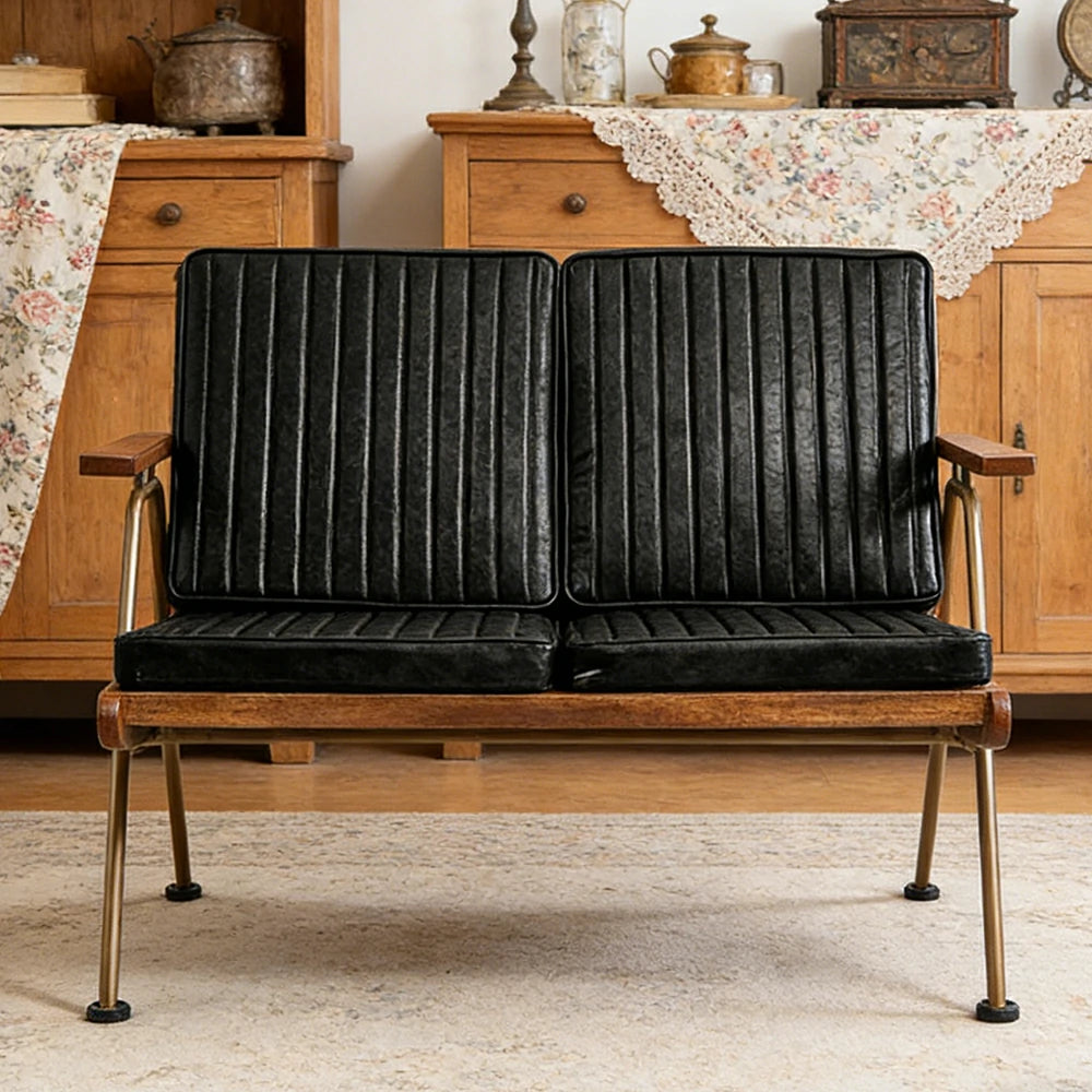LIVARA Vintage Industrial 2-Seater Sofa Chair - PU Leather Upholstery with Padded Cushions, Solid Wood Armrests, Sturdy Metal Frame for Living & Lounge Spaces - Black