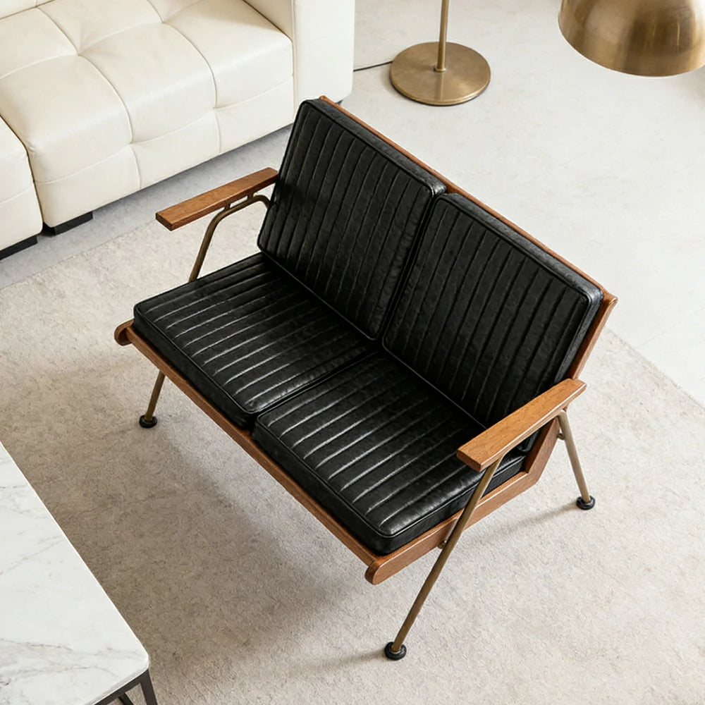 LIVARA Vintage Industrial 2-Seater Sofa Chair - PU Leather Upholstery with Padded Cushions, Solid Wood Armrests, Sturdy Metal Frame for Living & Lounge Spaces - Black
