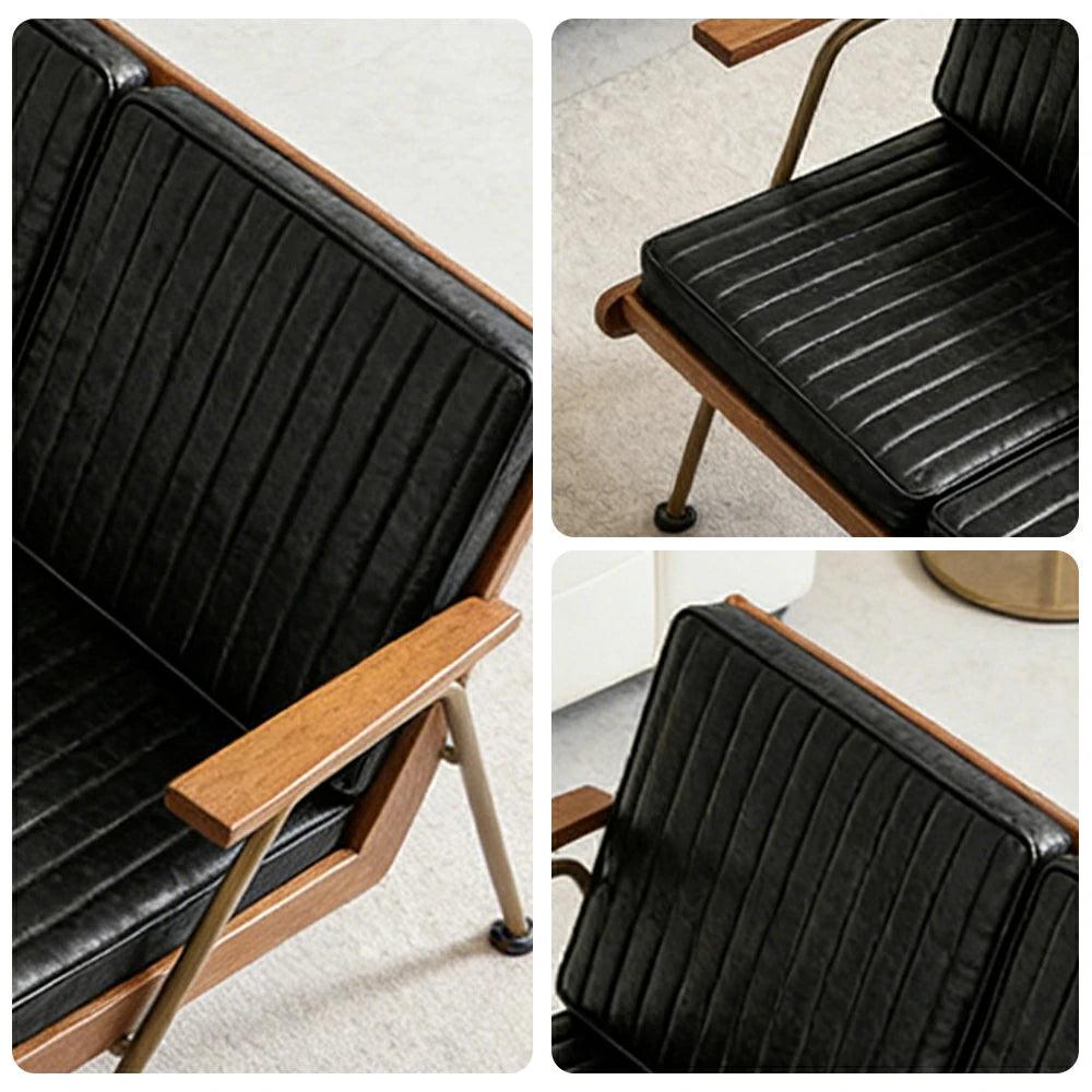 LIVARA Vintage Industrial 2-Seater Sofa Chair - PU Leather Upholstery with Padded Cushions, Solid Wood Armrests, Sturdy Metal Frame for Living & Lounge Spaces - Black