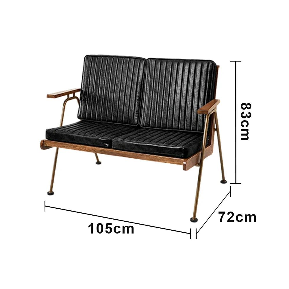 LIVARA Vintage Industrial 2-Seater Sofa Chair - PU Leather Upholstery with Padded Cushions, Solid Wood Armrests, Sturdy Metal Frame for Living & Lounge Spaces - Black