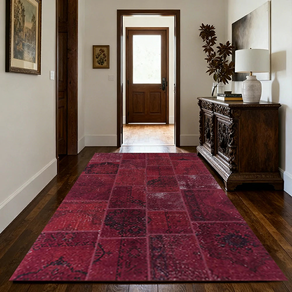 LIVARA 160/200cm Vintage Patchwork Loop-Pile Rug - Non-Slip Eco Cotton-Latex Backing - Waterproof, Stain-Resistant, Soft & Durable - Deep Red