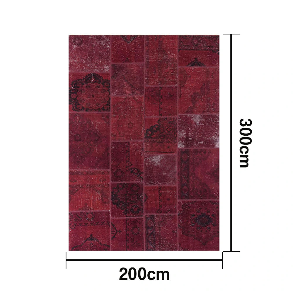 LIVARA 160/200cm Vintage Patchwork Loop-Pile Rug - Non-Slip Eco Cotton-Latex Backing - Waterproof, Stain-Resistant, Soft & Durable - Deep Red