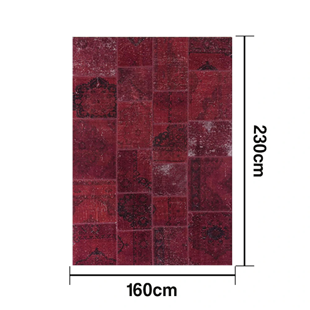 LIVARA 160/200cm Vintage Patchwork Loop-Pile Rug - Non-Slip Eco Cotton-Latex Backing - Waterproof, Stain-Resistant, Soft & Durable - Deep Red