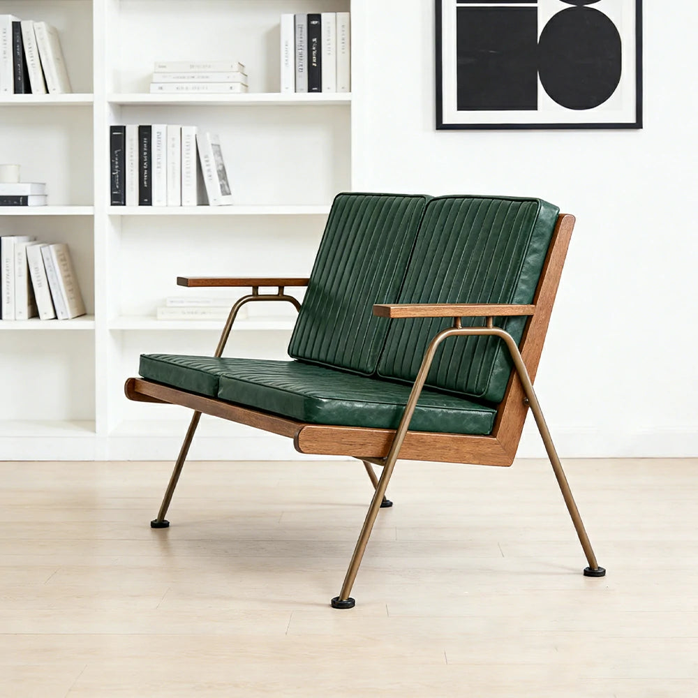 LIVARA Vintage Industrial 2-Seater Sofa Chair - PU Leather Upholstery with Padded Cushions, Solid Wood Armrests, Sturdy Metal Frame for Living & Lounge Spaces - Green