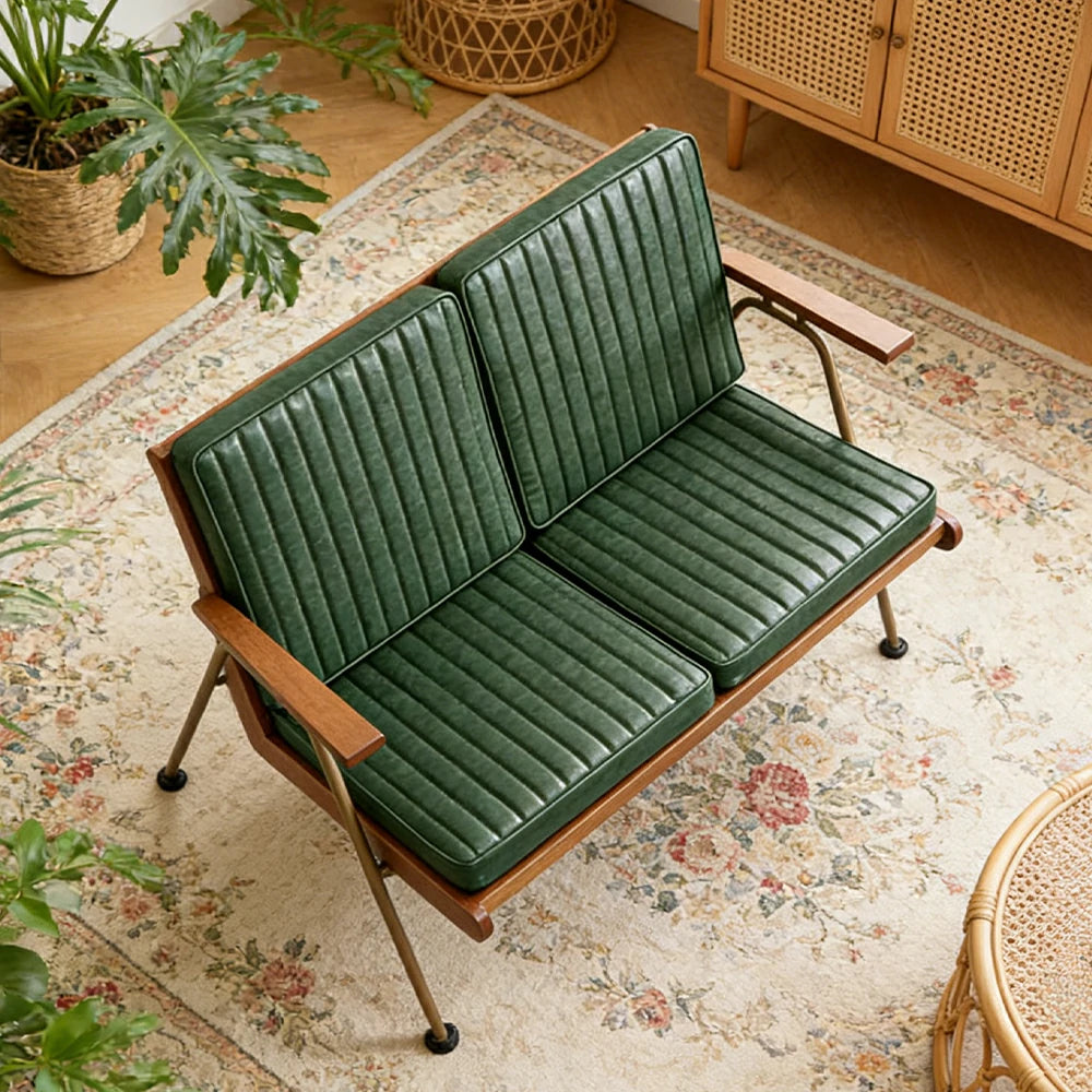LIVARA Vintage Industrial 2-Seater Sofa Chair - PU Leather Upholstery with Padded Cushions, Solid Wood Armrests, Sturdy Metal Frame for Living & Lounge Spaces - Green