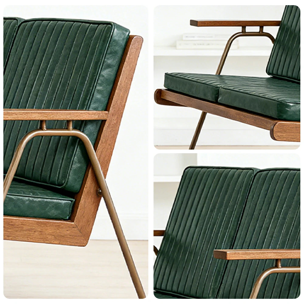 LIVARA Vintage Industrial 2-Seater Sofa Chair - PU Leather Upholstery with Padded Cushions, Solid Wood Armrests, Sturdy Metal Frame for Living & Lounge Spaces - Green
