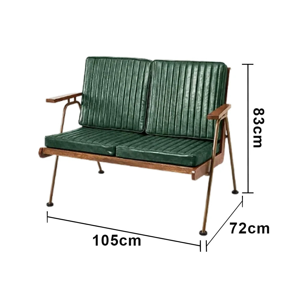 LIVARA Vintage Industrial 2-Seater Sofa Chair - PU Leather Upholstery with Padded Cushions, Solid Wood Armrests, Sturdy Metal Frame for Living & Lounge Spaces - Green