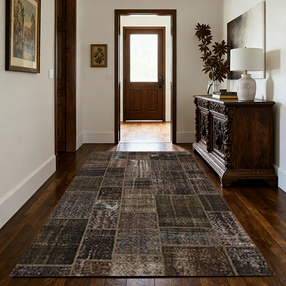 LIVARA 160/200cm Vintage Patchwork Loop-Pile Rug - Non-Slip Eco Cotton-Latex Backing - Waterproof, Stain-Resistant, Soft & Durable - Dark Brown