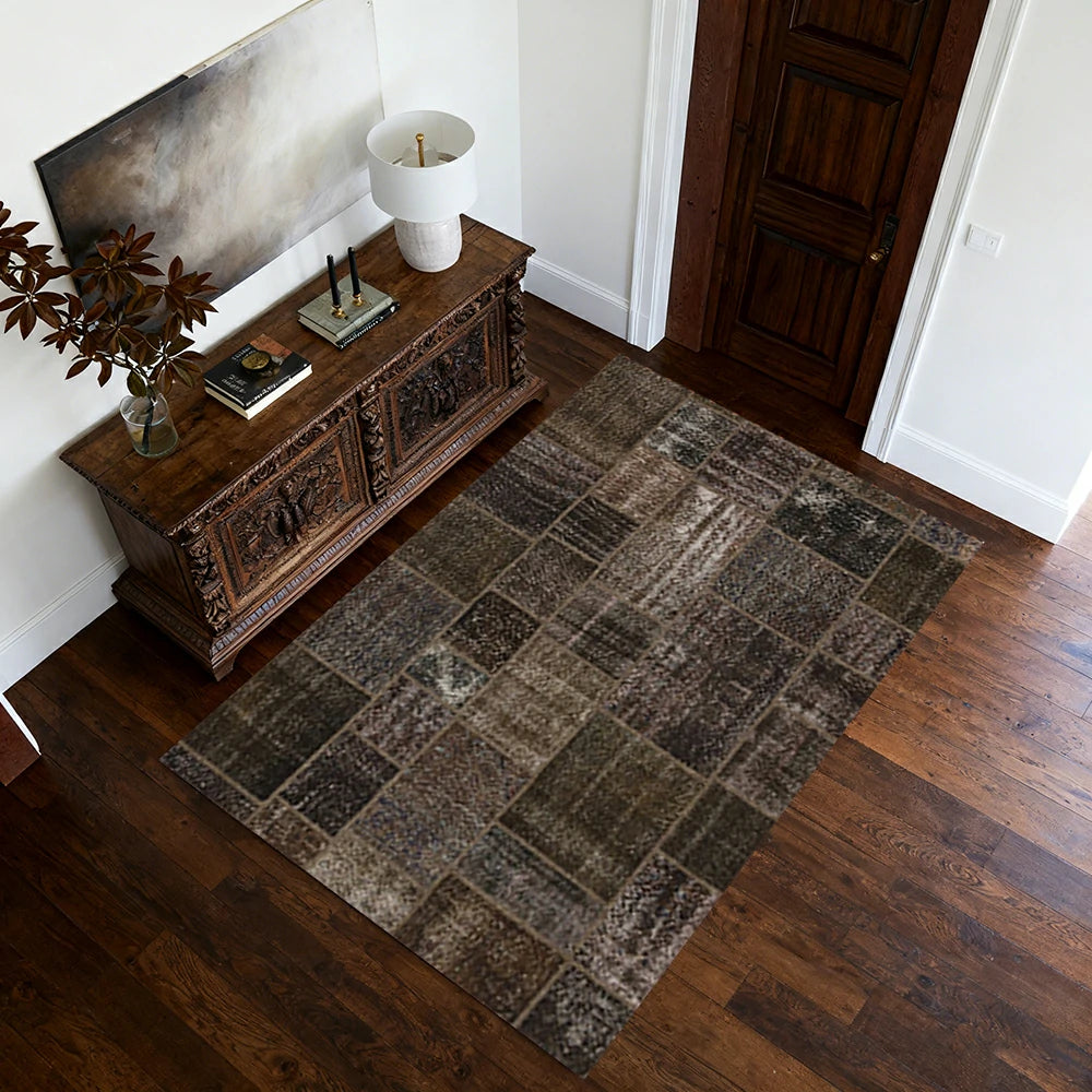 LIVARA 160/200cm Vintage Patchwork Loop-Pile Rug - Non-Slip Eco Cotton-Latex Backing - Waterproof, Stain-Resistant, Soft & Durable - Dark Brown