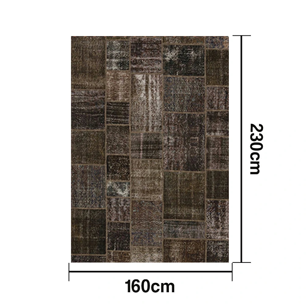 LIVARA 160/200cm Vintage Patchwork Loop-Pile Rug - Non-Slip Eco Cotton-Latex Backing - Waterproof, Stain-Resistant, Soft & Durable - Dark Brown