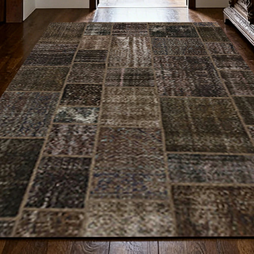 LIVARA 160/200cm Vintage Patchwork Loop-Pile Rug - Non-Slip Eco Cotton-Latex Backing - Waterproof, Stain-Resistant, Soft & Durable - Dark Brown
