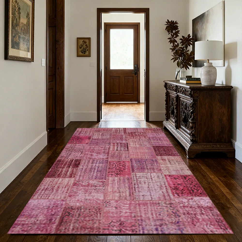 LIVARA 160/200cm Vintage Patchwork Loop-Pile Rug - Non-Slip Eco Cotton-Latex Backing - Waterproof, Stain-Resistant, Soft & Durable - Pink Purple