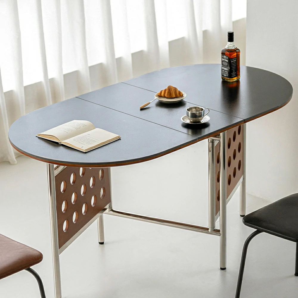 LIVARA Vintage Oval Dining Table - Solid Wood Tabletop, Foldable Space-Saving Design, Stainless Steel Frame for Home & Dining Use - Antique Brown