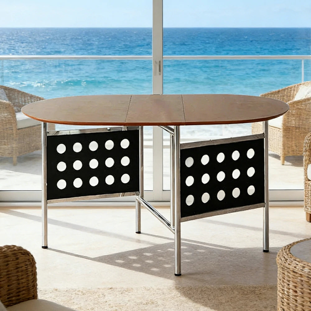 LIVARA Vintage Oval Dining Table - Solid Wood Tabletop, Foldable Space-Saving Design, Stainless Steel Frame for Home & Dining Use - Black