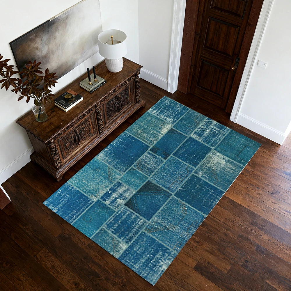 LIVARA 160/200cm Vintage Patchwork Loop-Pile Rug - Non-Slip Eco Cotton-Latex Backing - Waterproof, Stain-Resistant, Soft & Durable - Ocean Blue