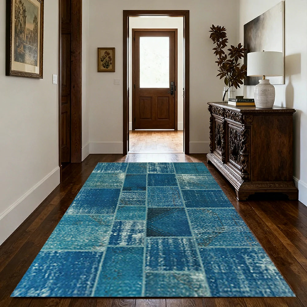 LIVARA 160/200cm Vintage Patchwork Loop-Pile Rug - Non-Slip Eco Cotton-Latex Backing - Waterproof, Stain-Resistant, Soft & Durable - Ocean Blue
