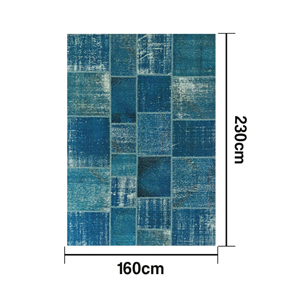 LIVARA 160/200cm Vintage Patchwork Loop-Pile Rug - Non-Slip Eco Cotton-Latex Backing - Waterproof, Stain-Resistant, Soft & Durable - Ocean Blue