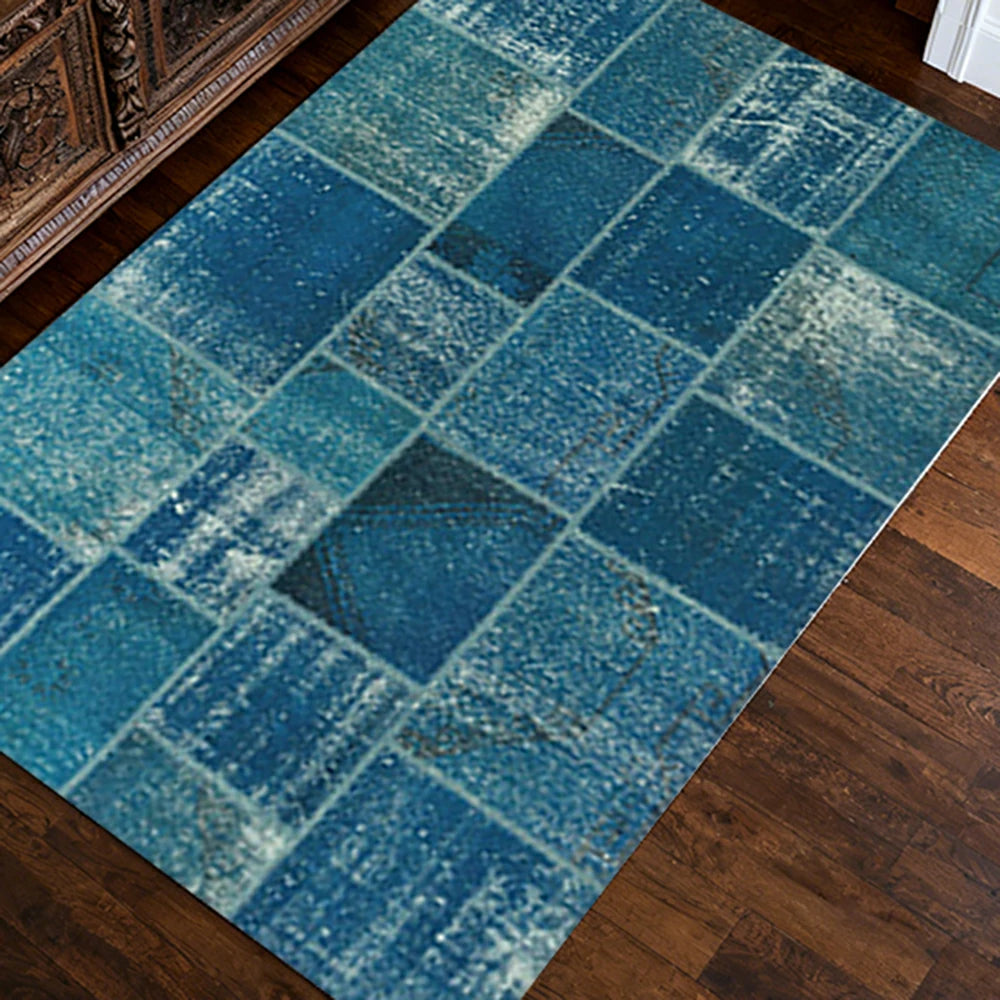 LIVARA 160/200cm Vintage Patchwork Loop-Pile Rug - Non-Slip Eco Cotton-Latex Backing - Waterproof, Stain-Resistant, Soft & Durable - Ocean Blue