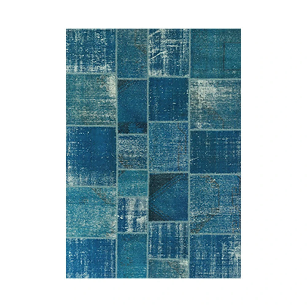 LIVARA 160/200cm Vintage Patchwork Loop-Pile Rug - Non-Slip Eco Cotton-Latex Backing - Waterproof, Stain-Resistant, Soft & Durable - Ocean Blue