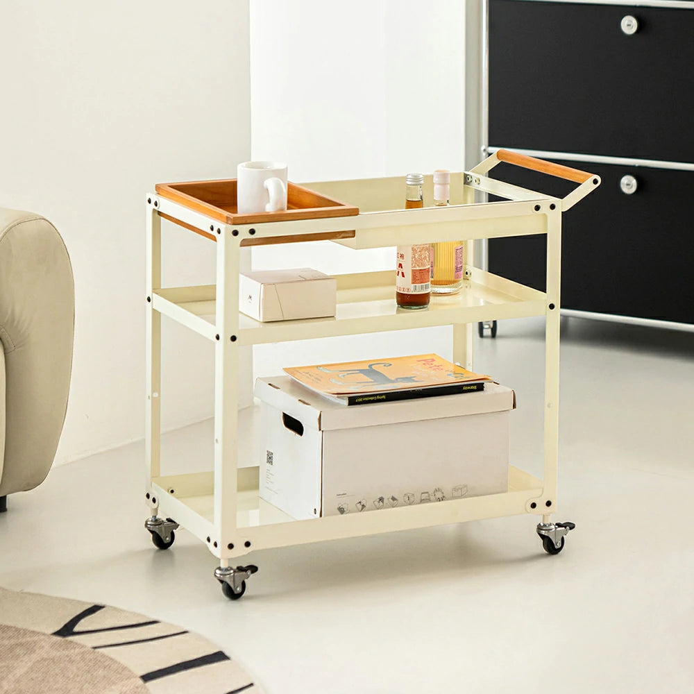 LIVARA Mobile Storage Trolley - 3-Tier Open Shelves with Removable Wooden Tray, Smooth-Rolling Wheels & Brake, Space-Saving Home Use - Cream White