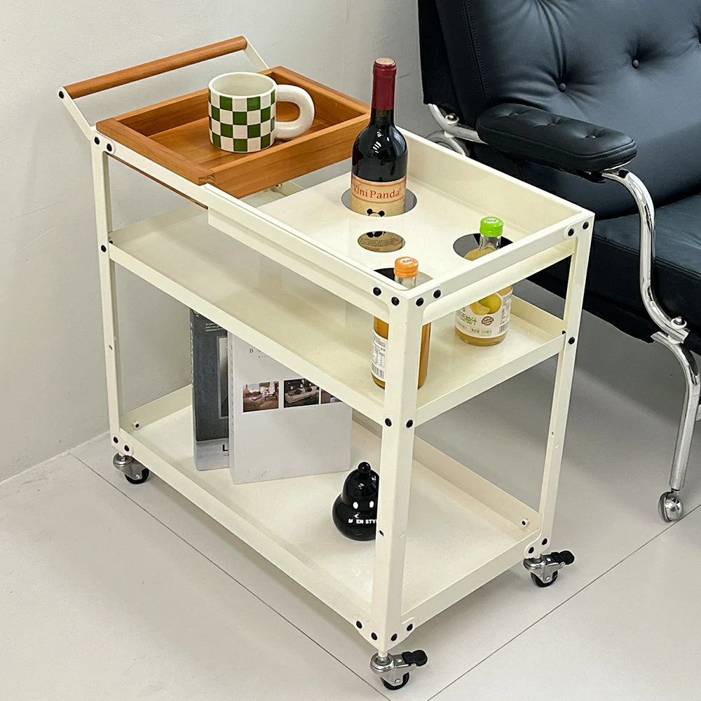LIVARA Mobile Storage Trolley - 3-Tier Open Shelves with Removable Wooden Tray, Smooth-Rolling Wheels & Brake, Space-Saving Home Use - Cream White