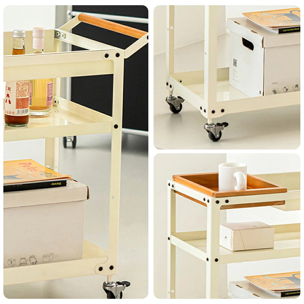 LIVARA Mobile Storage Trolley - 3-Tier Open Shelves with Removable Wooden Tray, Smooth-Rolling Wheels & Brake, Space-Saving Home Use - Cream White