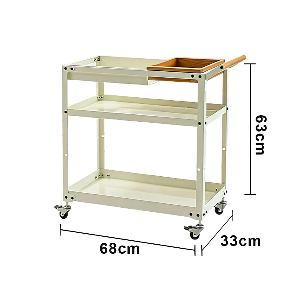 LIVARA Mobile Storage Trolley - 3-Tier Open Shelves with Removable Wooden Tray, Smooth-Rolling Wheels & Brake, Space-Saving Home Use - Cream White