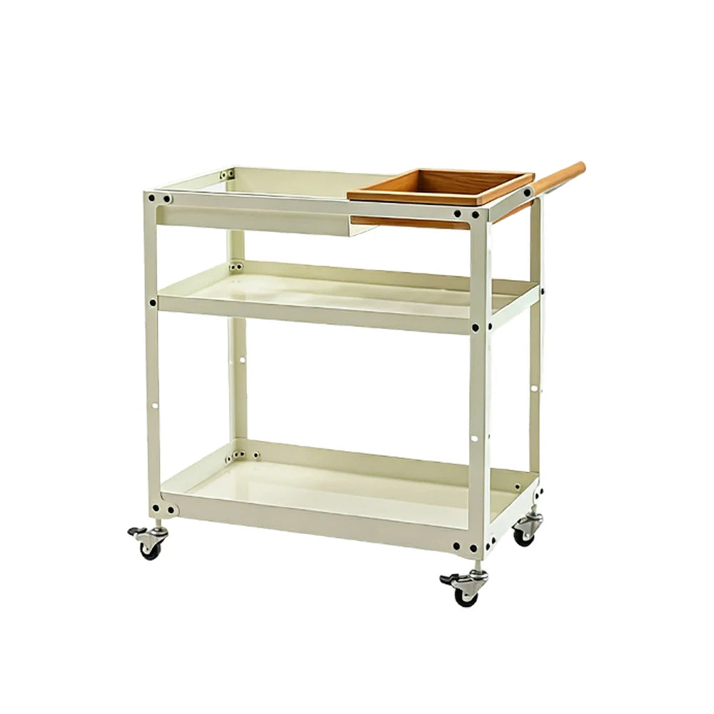 LIVARA Mobile Storage Trolley - 3-Tier Open Shelves with Removable Wooden Tray, Smooth-Rolling Wheels & Brake, Space-Saving Home Use - Cream White
