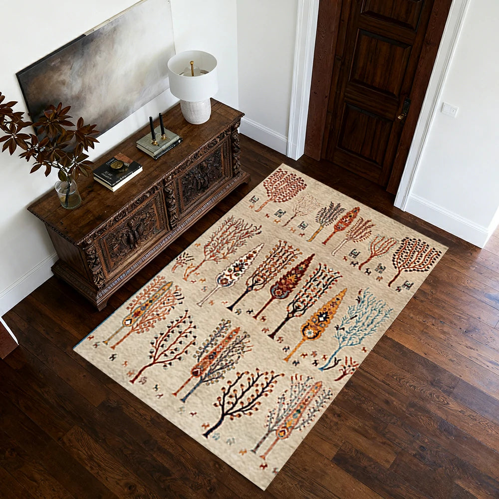 LIVARA 160/200cm Gabbeh Tree-Pattern Loop-Pile Rug - Non-Slip Eco Cotton-Latex Backing - Waterproof, Stain-Resistant, Soft & Durable - Beige Multi