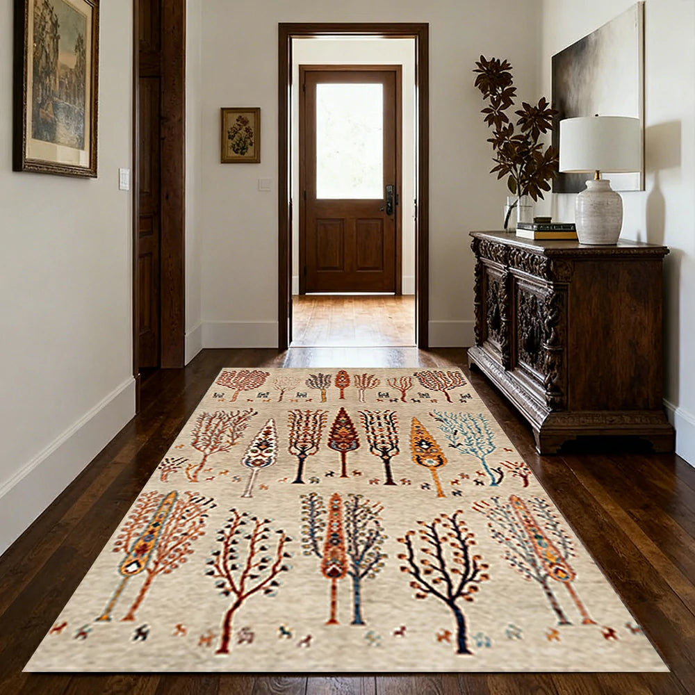 LIVARA 160/200cm Gabbeh Tree-Pattern Loop-Pile Rug - Non-Slip Eco Cotton-Latex Backing - Waterproof, Stain-Resistant, Soft & Durable - Beige Multi
