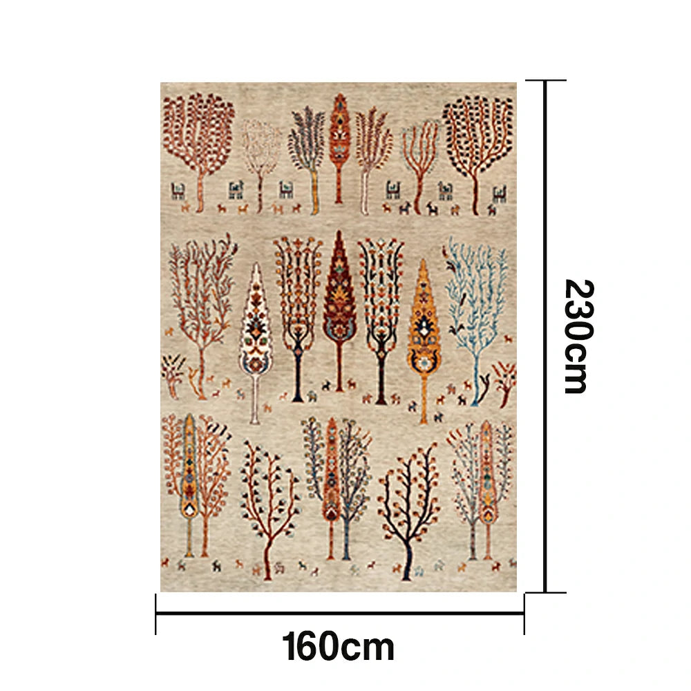 LIVARA 160/200cm Gabbeh Tree-Pattern Loop-Pile Rug - Non-Slip Eco Cotton-Latex Backing - Waterproof, Stain-Resistant, Soft & Durable - Beige Multi