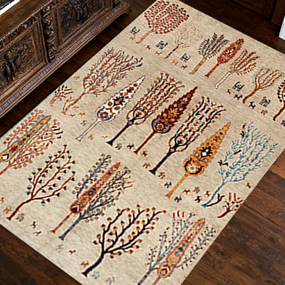 LIVARA 160/200cm Gabbeh Tree-Pattern Loop-Pile Rug - Non-Slip Eco Cotton-Latex Backing - Waterproof, Stain-Resistant, Soft & Durable - Beige Multi