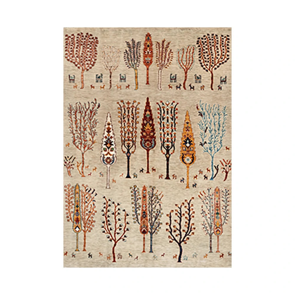 LIVARA 160/200cm Gabbeh Tree-Pattern Loop-Pile Rug - Non-Slip Eco Cotton-Latex Backing - Waterproof, Stain-Resistant, Soft & Durable - Beige Multi