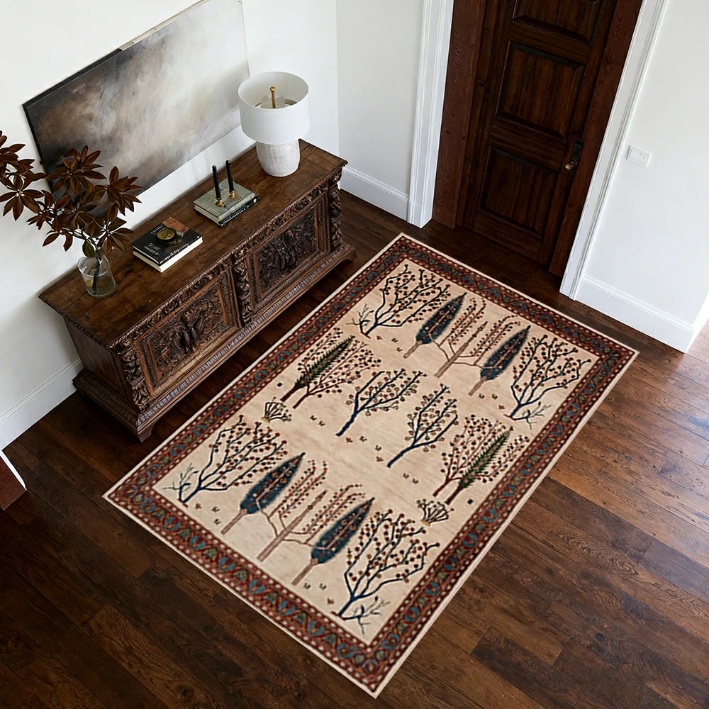 LIVARA 160/200cm Gabbeh Tree-Border Loop-Pile Rug - Non-Slip Eco Cotton-Latex Backing - Waterproof, Stain-Resistant, Soft & Durable - Beige Multi