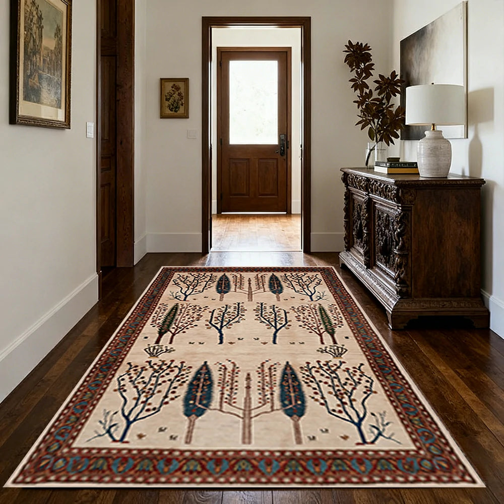 LIVARA 160/200cm Gabbeh Tree-Border Loop-Pile Rug - Non-Slip Eco Cotton-Latex Backing - Waterproof, Stain-Resistant, Soft & Durable - Beige Multi