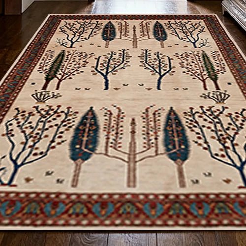 LIVARA 160/200cm Gabbeh Tree-Border Loop-Pile Rug - Non-Slip Eco Cotton-Latex Backing - Waterproof, Stain-Resistant, Soft & Durable - Beige Multi