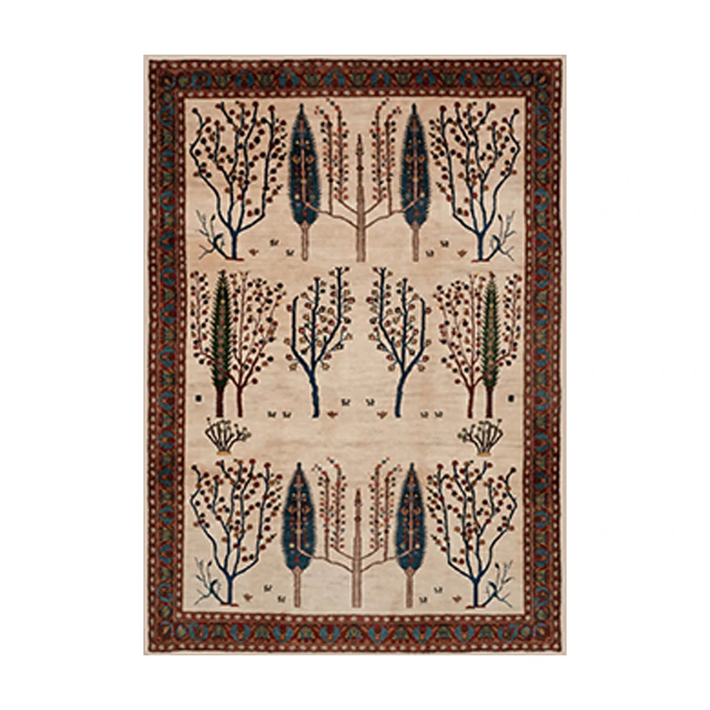 LIVARA 160/200cm Gabbeh Tree-Border Loop-Pile Rug - Non-Slip Eco Cotton-Latex Backing - Waterproof, Stain-Resistant, Soft & Durable - Beige Multi