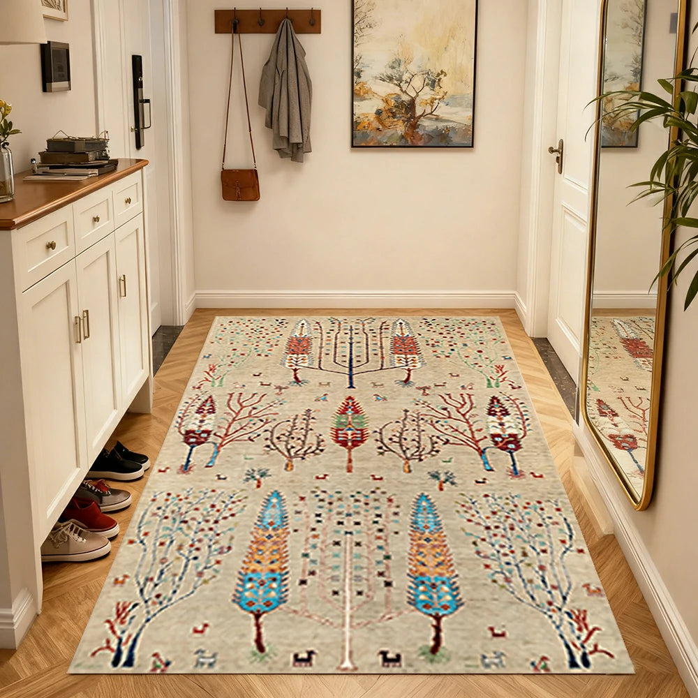 LIVARA 160/200cm Gabbeh Symmetry-Tree Loop-Pile Rug - Non-Slip Eco Cotton-Latex Backing - Waterproof, Stain-Resistant, Soft & Durable - Beige Multi