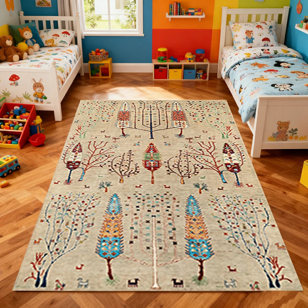 LIVARA 160/200cm Gabbeh Symmetry-Tree Loop-Pile Rug - Non-Slip Eco Cotton-Latex Backing - Waterproof, Stain-Resistant, Soft & Durable - Beige Multi