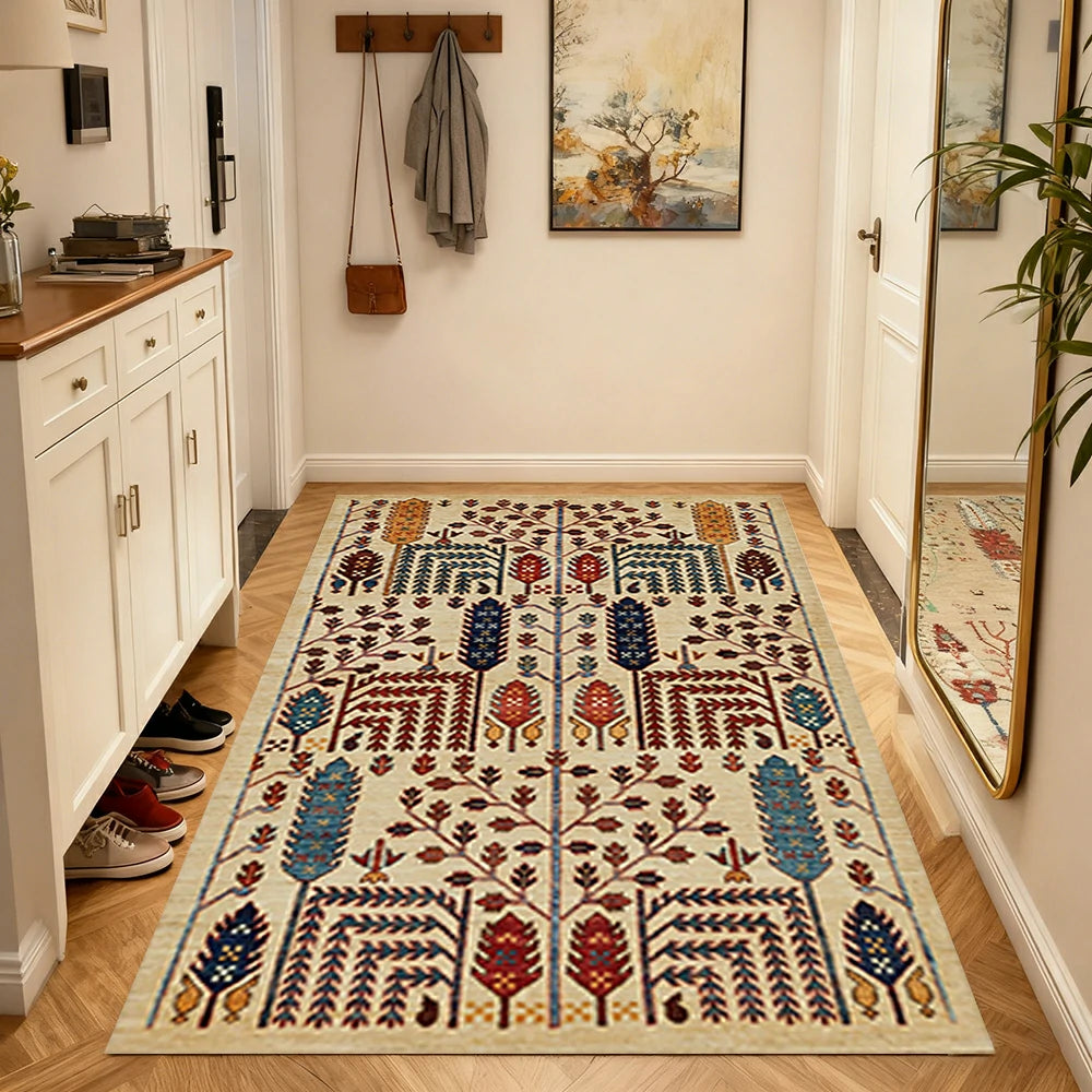 LIVARA 160/200cm Gabbeh Symmetric Botanical Loop-Pile Rug - Upgraded Non-Slip Eco Cotton-Latex Backing - Waterproof, Stain-Resistant, Soft & Durable - Beige Multi
