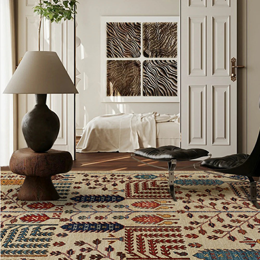 LIVARA 160/200cm Gabbeh Symmetric Botanical Loop-Pile Rug - Upgraded Non-Slip Eco Cotton-Latex Backing - Waterproof, Stain-Resistant, Soft & Durable - Beige Multi