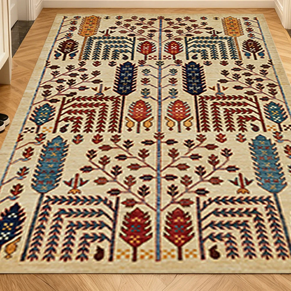 LIVARA 160/200cm Gabbeh Symmetric Botanical Loop-Pile Rug - Upgraded Non-Slip Eco Cotton-Latex Backing - Waterproof, Stain-Resistant, Soft & Durable - Beige Multi