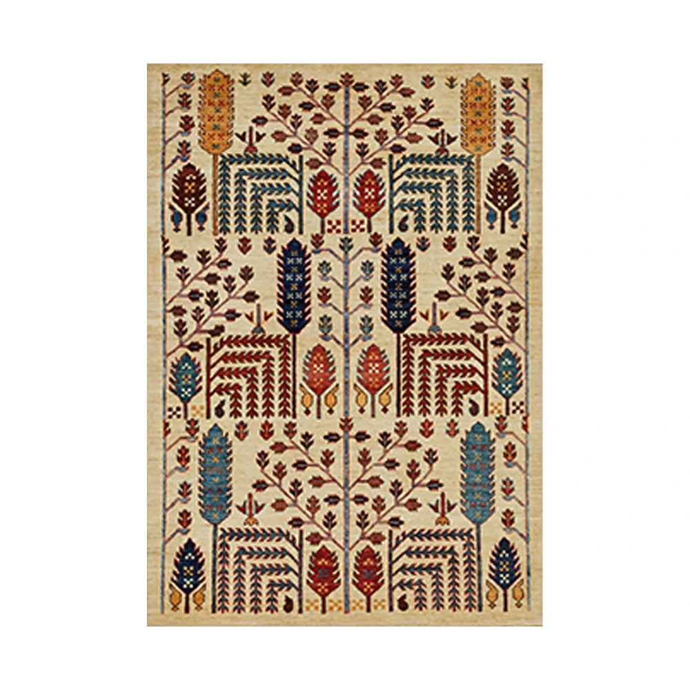 LIVARA 160/200cm Gabbeh Symmetric Botanical Loop-Pile Rug - Upgraded Non-Slip Eco Cotton-Latex Backing - Waterproof, Stain-Resistant, Soft & Durable - Beige Multi