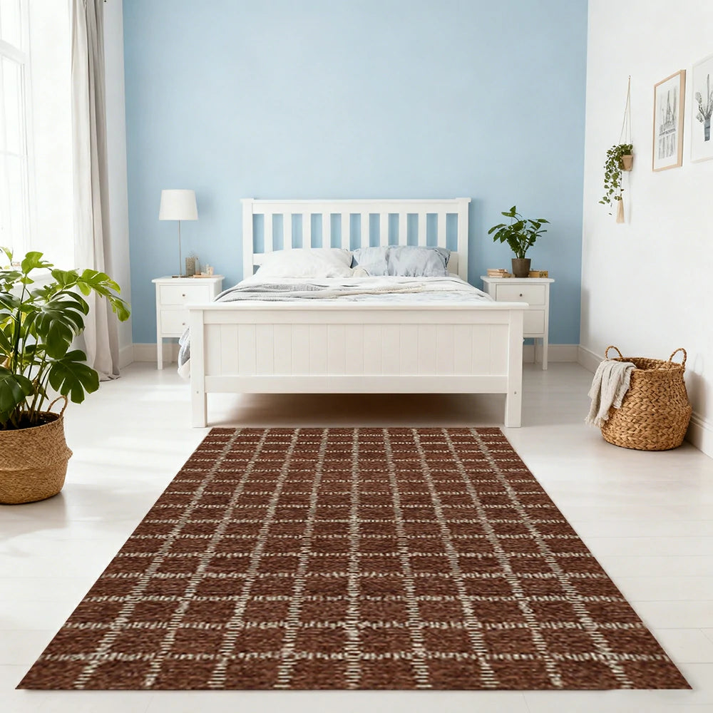 LIVARA 160/200cm Gabbeh Grid Pattern Loop-Pile Rug - Upgraded Non-Slip Eco Cotton-Latex Backing - Waterproof, Stain-Resistant, Soft & Durable - Brown