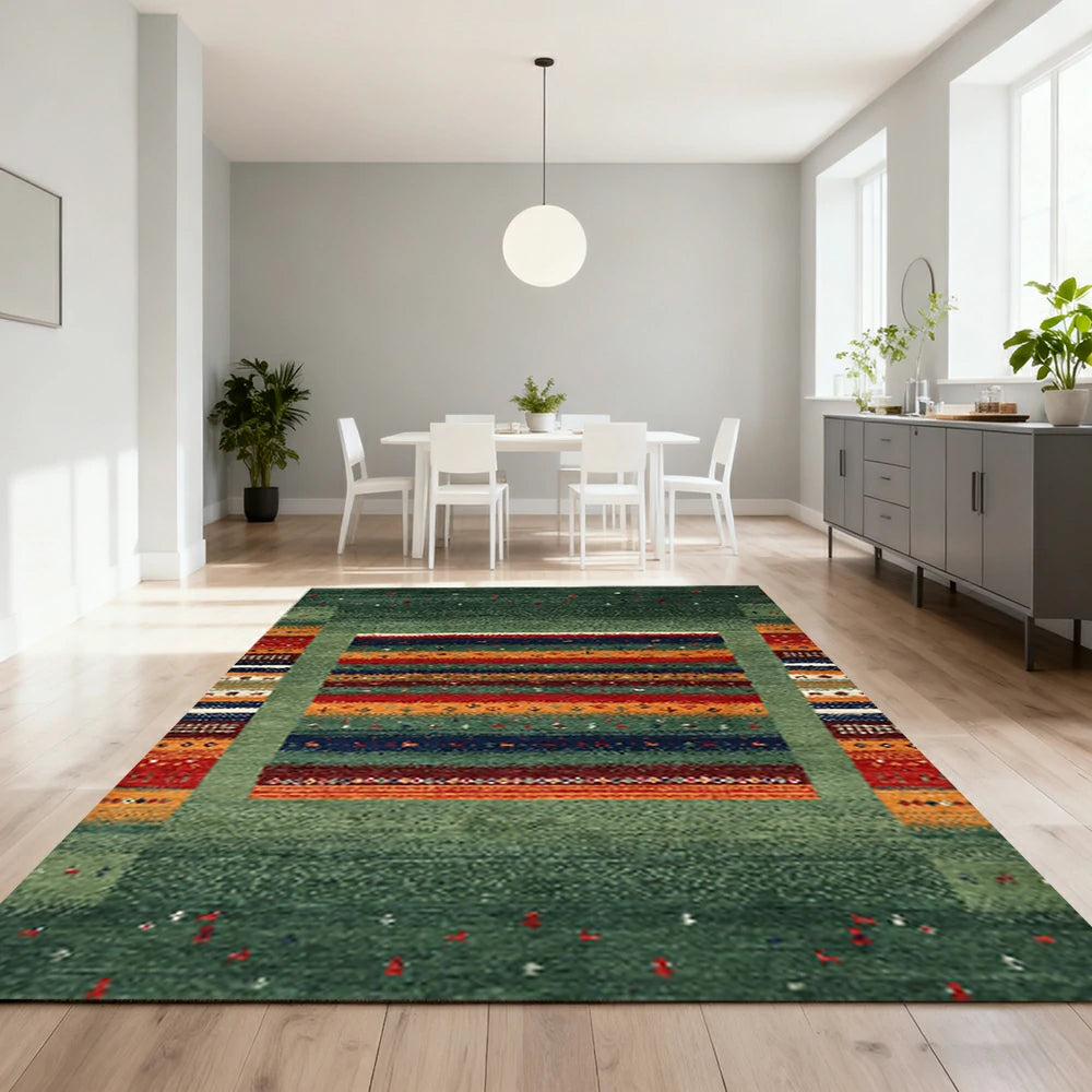 LIVARA 160/200cm Gabbeh Striped Loop-Pile Rug - Upgraded Non-Slip Eco Cotton-Latex Backing - Waterproof, Stain-Resistant, Soft & Durable - Green Multi-Color