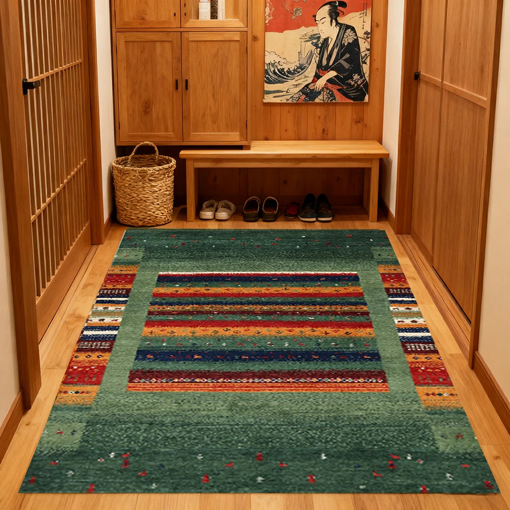 LIVARA 160/200cm Gabbeh Striped Loop-Pile Rug - Upgraded Non-Slip Eco Cotton-Latex Backing - Waterproof, Stain-Resistant, Soft & Durable - Green Multi-Color