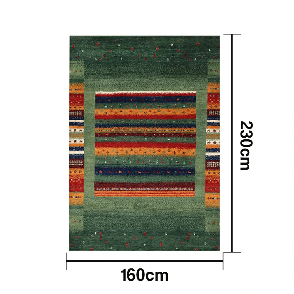 LIVARA 160/200cm Gabbeh Striped Loop-Pile Rug - Upgraded Non-Slip Eco Cotton-Latex Backing - Waterproof, Stain-Resistant, Soft & Durable - Green Multi-Color