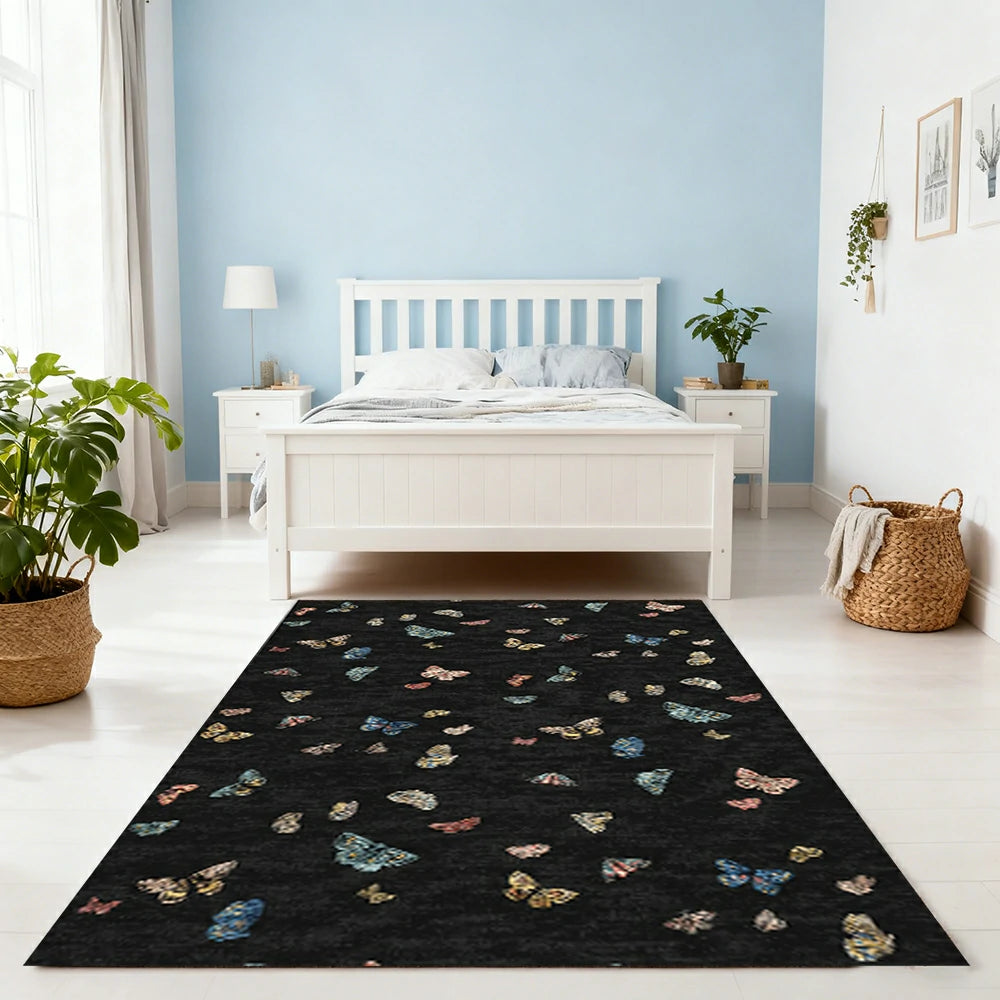LIVARA 160/200cm Butterfly Print Loop-Pile Rug - Upgraded Non-Slip Eco Cotton-Latex Backing - Waterproof, Stain-Resistant, Soft & Durable - Black