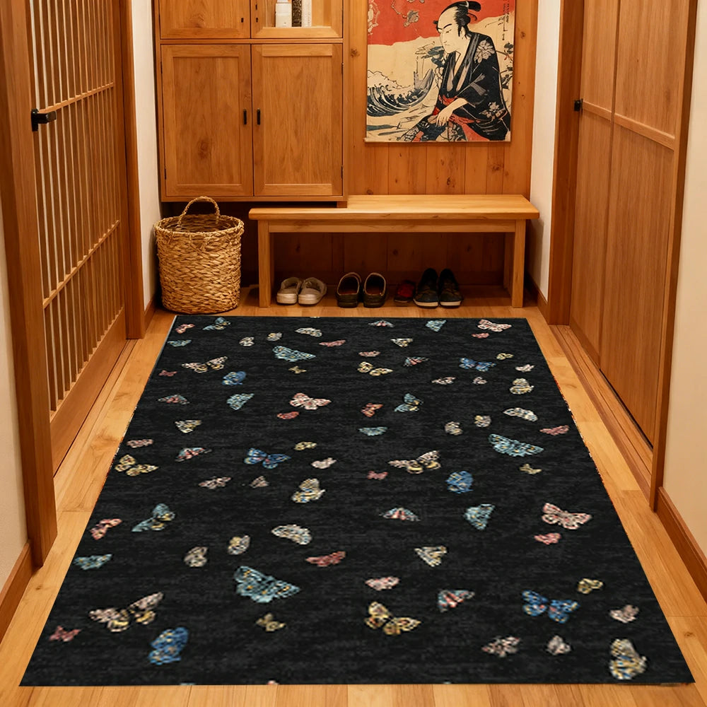 LIVARA 160/200cm Butterfly Print Loop-Pile Rug - Upgraded Non-Slip Eco Cotton-Latex Backing - Waterproof, Stain-Resistant, Soft & Durable - Black